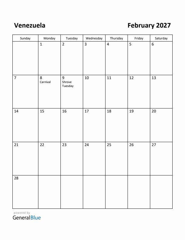 February 2027 Calendar with Venezuela Holidays