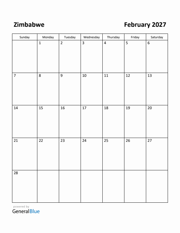 February 2027 Calendar with Zimbabwe Holidays