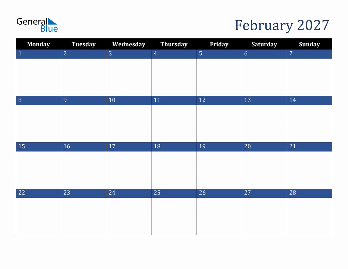 February 2027 Downloadable Monday Start Calendar