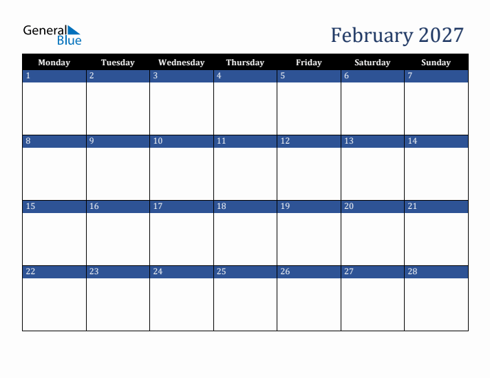 Monday Start Calendar for February 2027