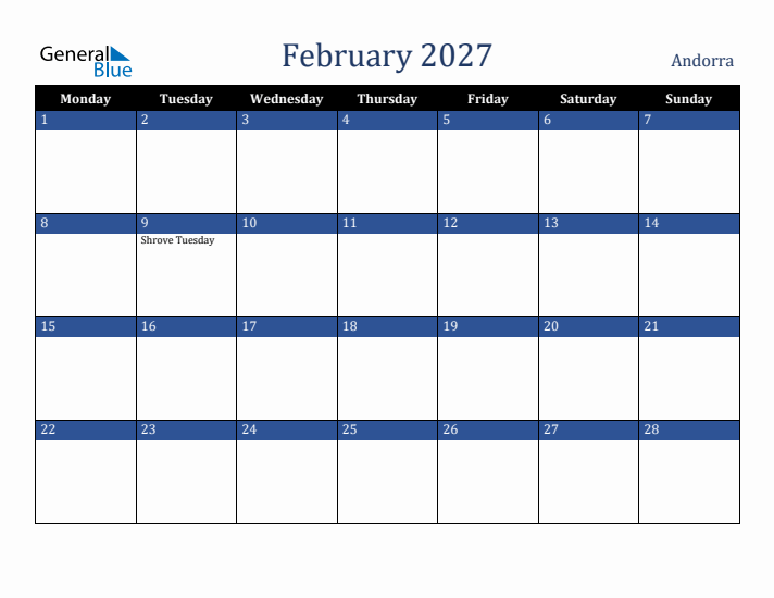 February 2027 Andorra Calendar (Monday Start)