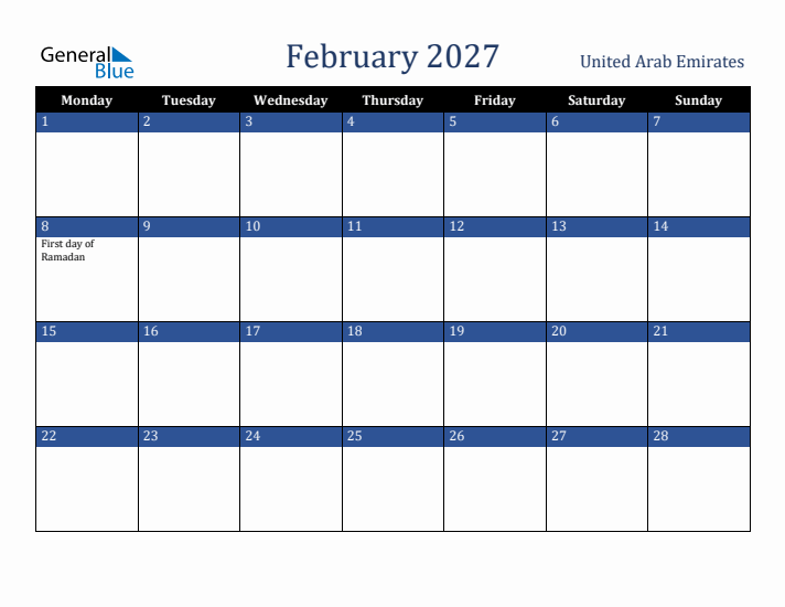February 2027 United Arab Emirates Calendar (Monday Start)