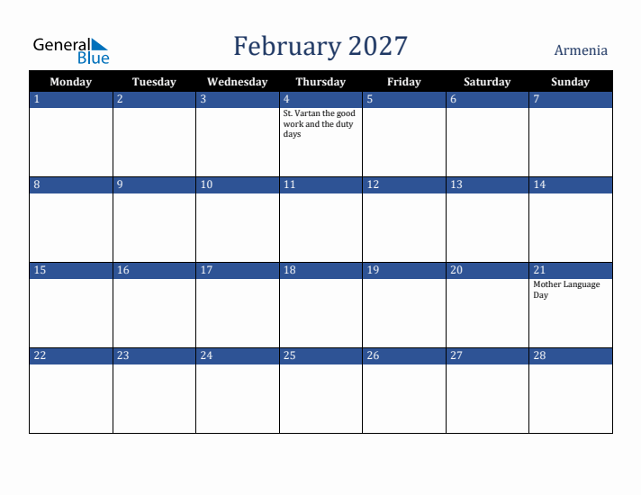 February 2027 Armenia Calendar (Monday Start)