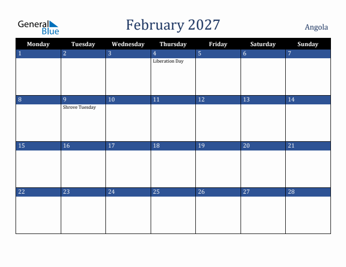 February 2027 Angola Calendar (Monday Start)