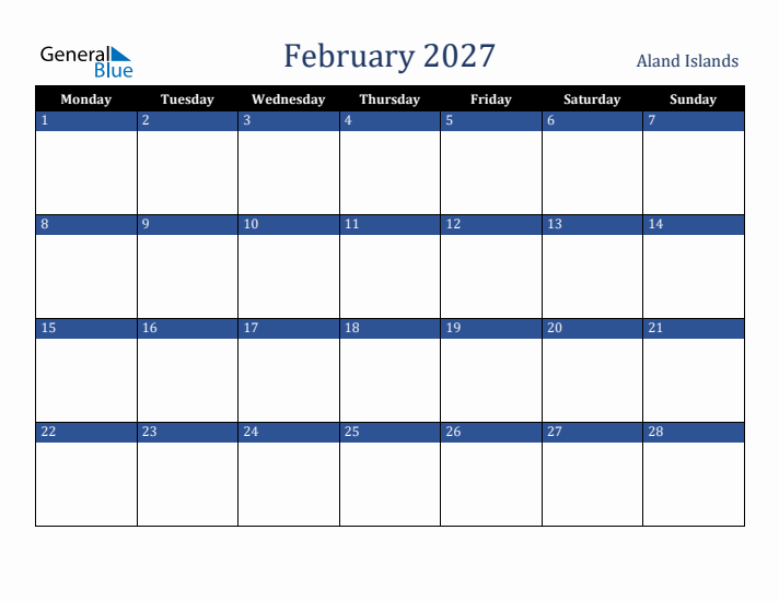 February 2027 Aland Islands Calendar (Monday Start)