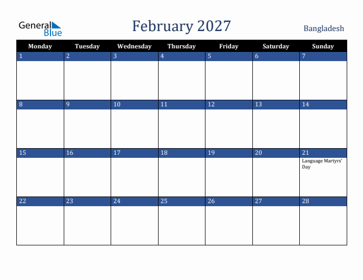 February 2027 Bangladesh Calendar (Monday Start)
