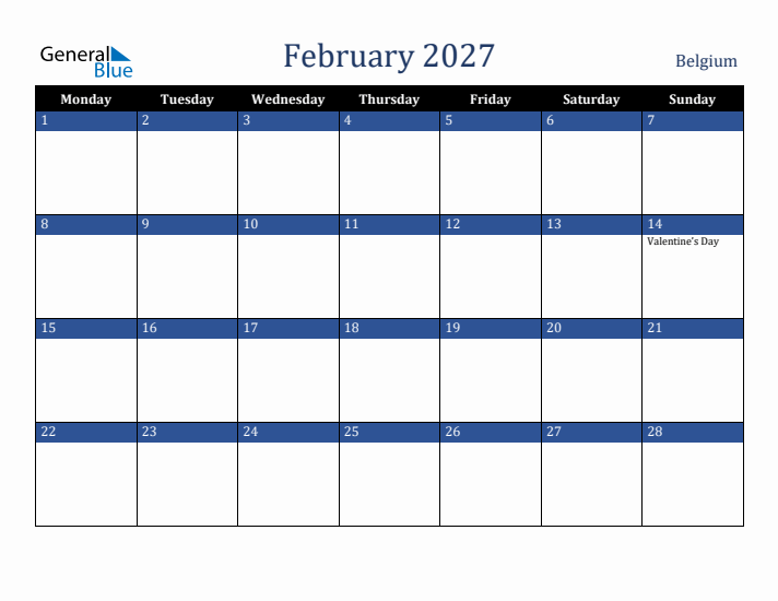February 2027 Belgium Calendar (Monday Start)
