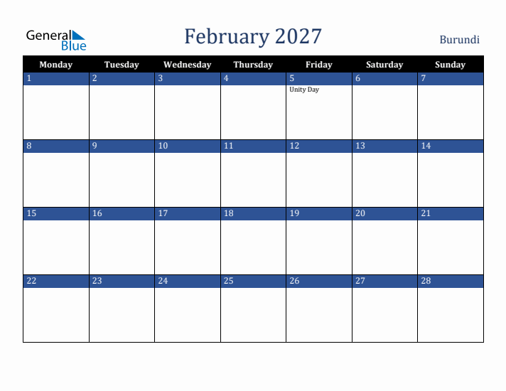 February 2027 Burundi Calendar (Monday Start)