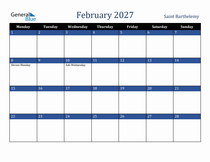 February 2027 Saint Barthelemy Calendar (Monday Start)