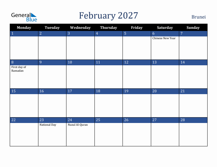 February 2027 Brunei Calendar (Monday Start)
