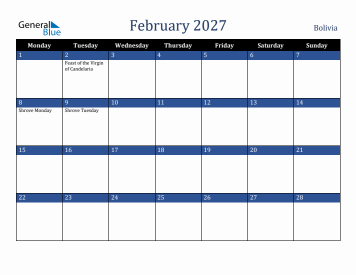 February 2027 Bolivia Calendar (Monday Start)