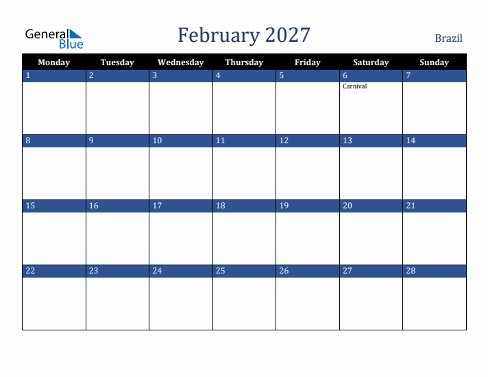 February 2027 Brazil Calendar (Monday Start)