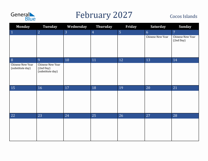 February 2027 Cocos Islands Calendar (Monday Start)