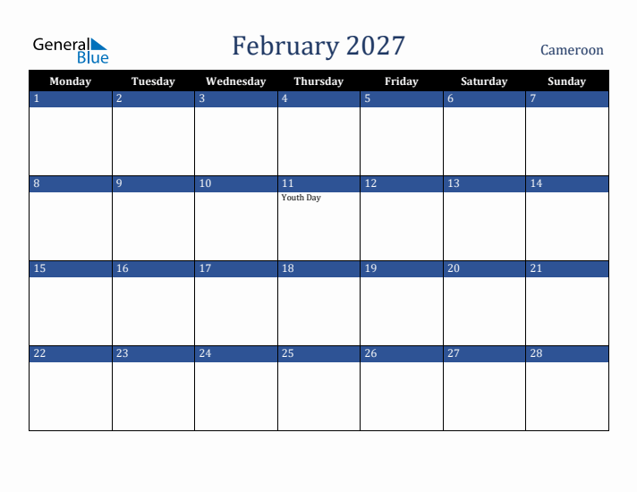 February 2027 Cameroon Calendar (Monday Start)
