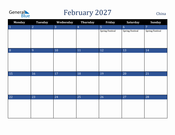 February 2027 China Calendar (Monday Start)