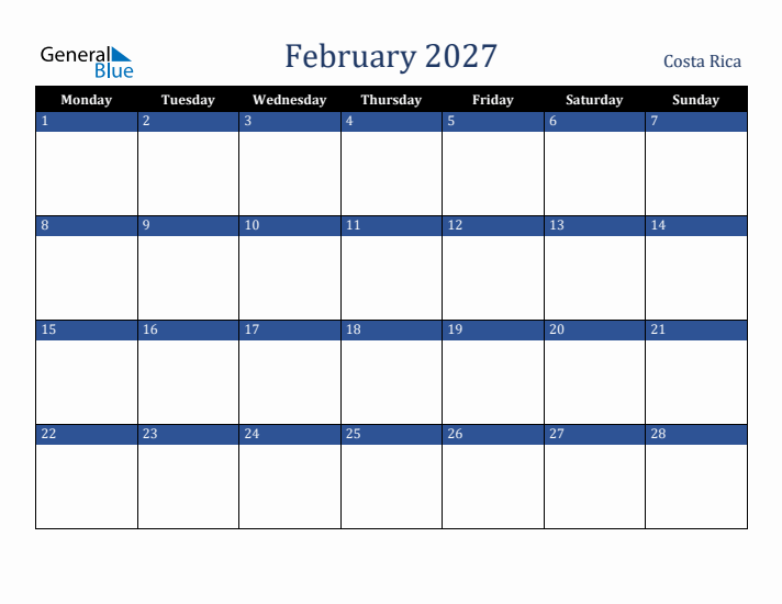 February 2027 Costa Rica Calendar (Monday Start)