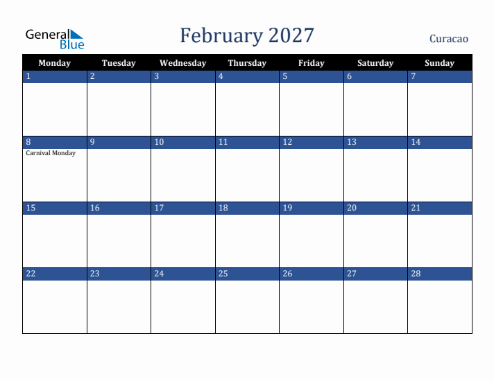 February 2027 Curacao Calendar (Monday Start)