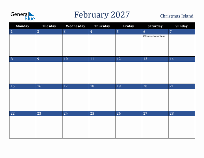 February 2027 Christmas Island Calendar (Monday Start)