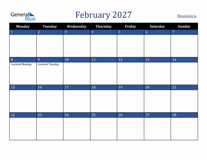 February 2027 Dominica Calendar (Monday Start)