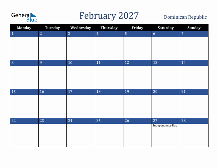 February 2027 Dominican Republic Calendar (Monday Start)