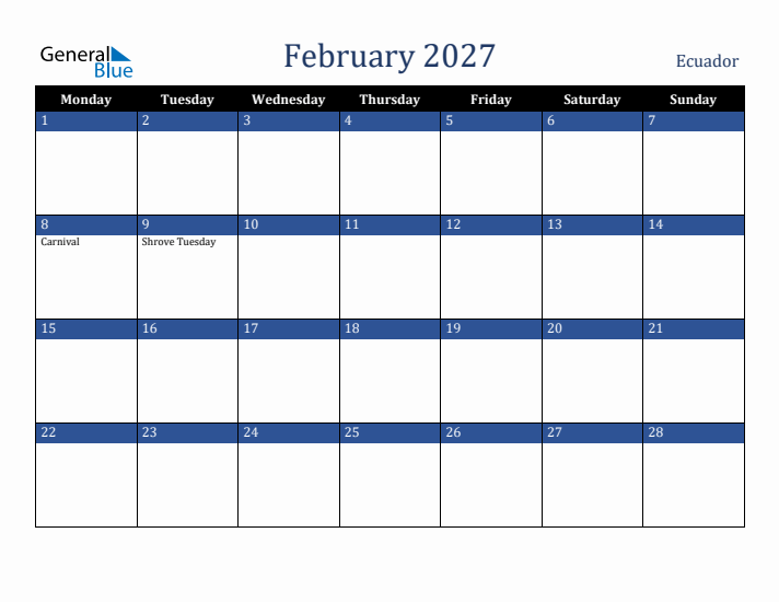 February 2027 Ecuador Calendar (Monday Start)