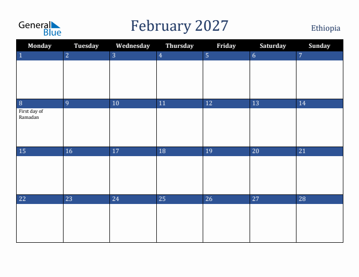 February 2027 Ethiopia Calendar (Monday Start)