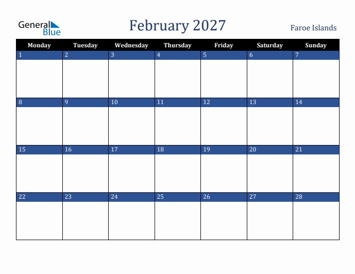 February 2027 Faroe Islands Calendar (Monday Start)