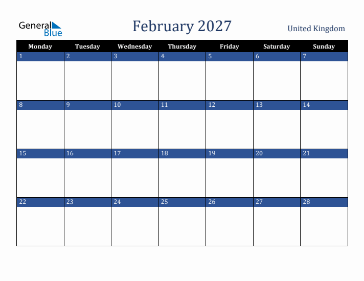 February 2027 United Kingdom Calendar (Monday Start)