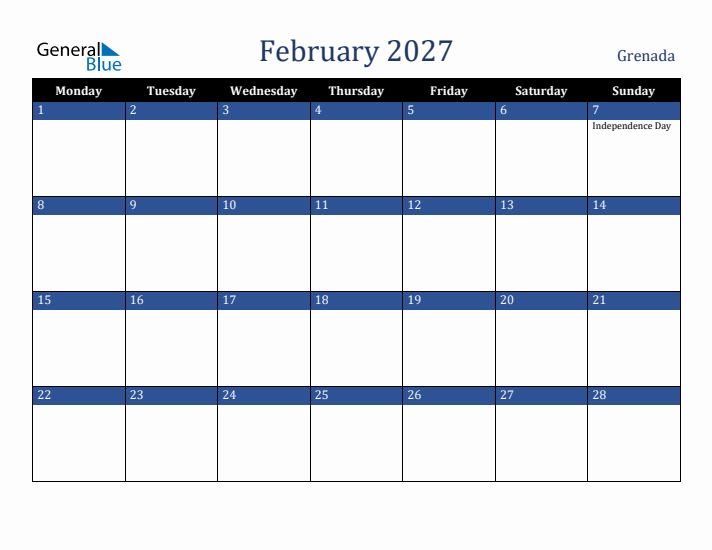 February 2027 Grenada Calendar (Monday Start)
