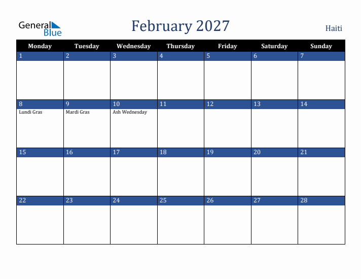 February 2027 Haiti Calendar (Monday Start)