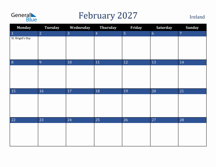 February 2027 Ireland Calendar (Monday Start)