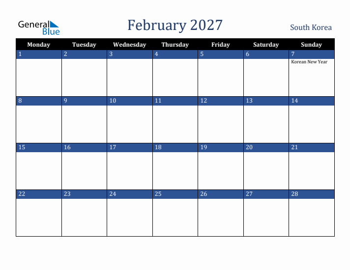 February 2027 South Korea Calendar (Monday Start)