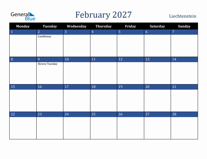 February 2027 Liechtenstein Calendar (Monday Start)