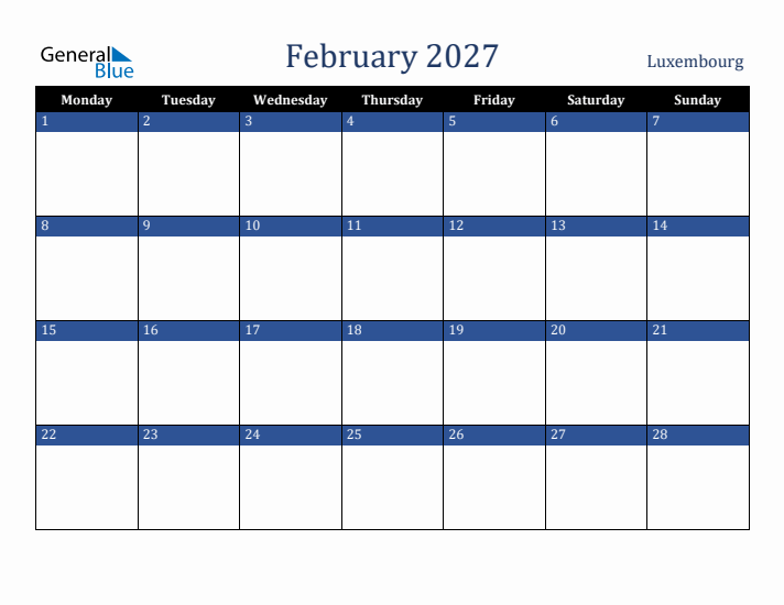 February 2027 Luxembourg Calendar (Monday Start)