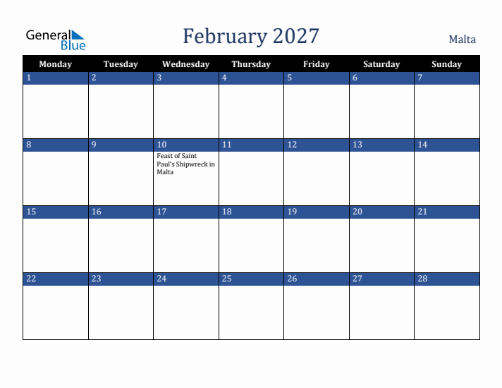 February 2027 Malta Calendar (Monday Start)