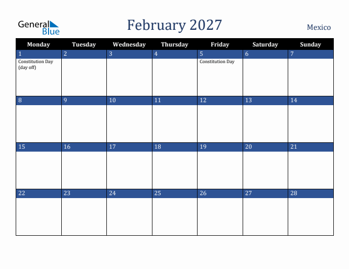 February 2027 Mexico Calendar (Monday Start)