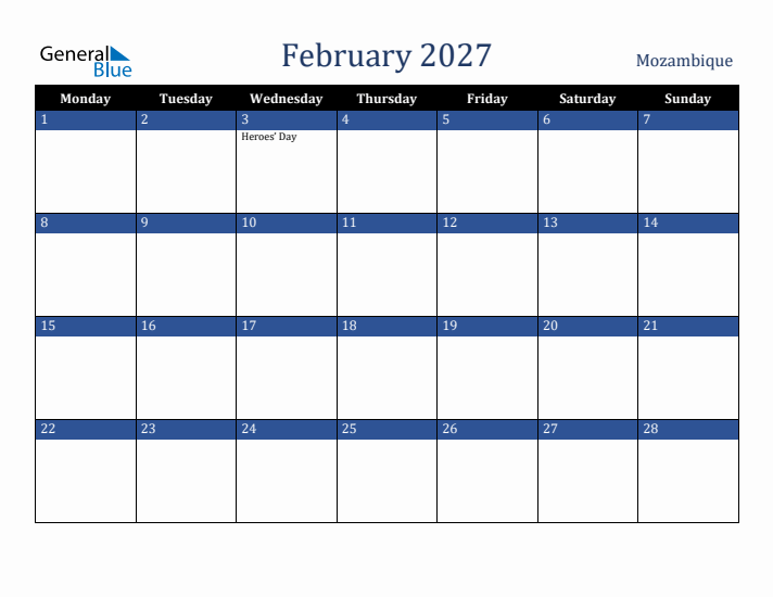 February 2027 Mozambique Calendar (Monday Start)