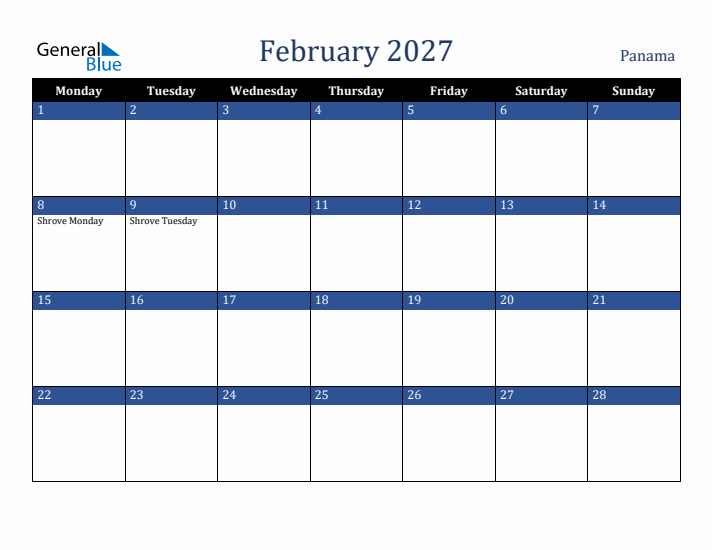February 2027 Panama Calendar (Monday Start)