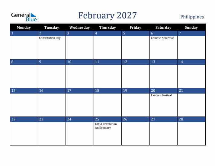 February 2027 Philippines Calendar (Monday Start)