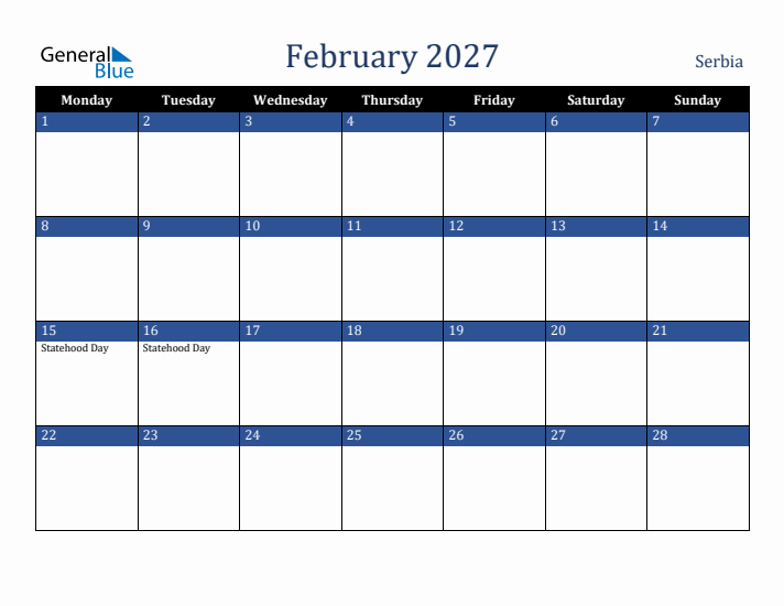 February 2027 Serbia Calendar (Monday Start)
