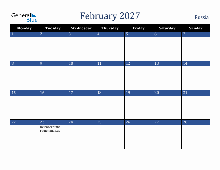 February 2027 Russia Calendar (Monday Start)