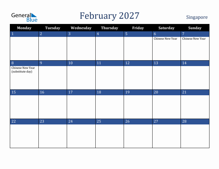 February 2027 Singapore Calendar (Monday Start)