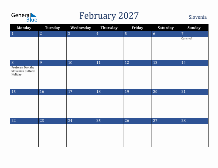 February 2027 Slovenia Calendar (Monday Start)