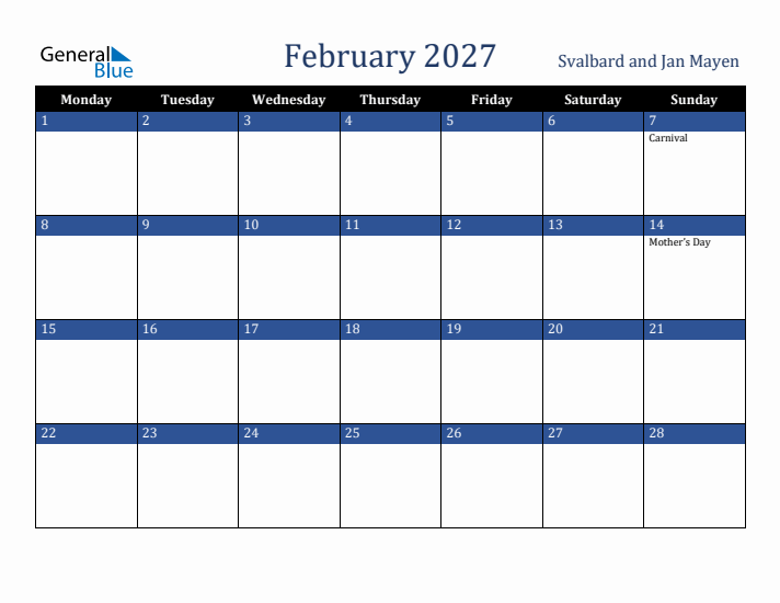 February 2027 Svalbard and Jan Mayen Calendar (Monday Start)