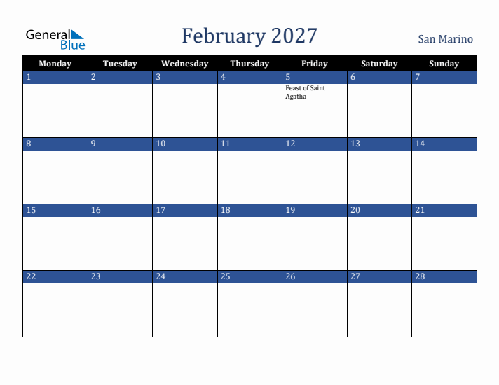 February 2027 San Marino Calendar (Monday Start)