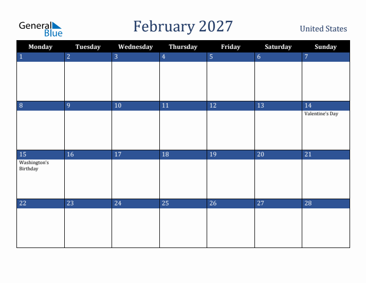 February 2027 United States Calendar (Monday Start)