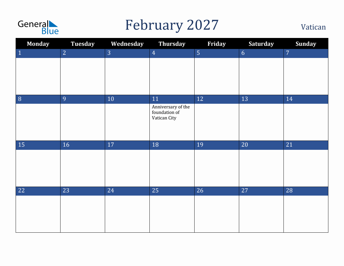 February 2027 Vatican Holiday Calendar