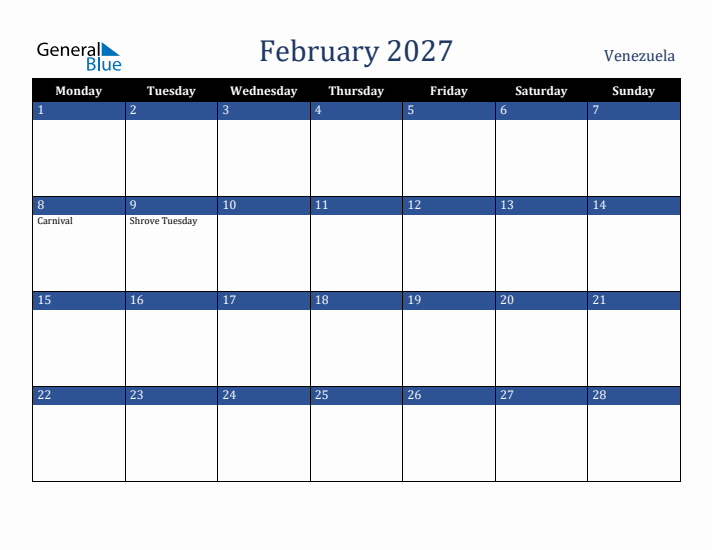 February 2027 Venezuela Calendar (Monday Start)