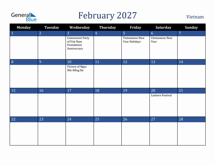 February 2027 Vietnam Calendar (Monday Start)
