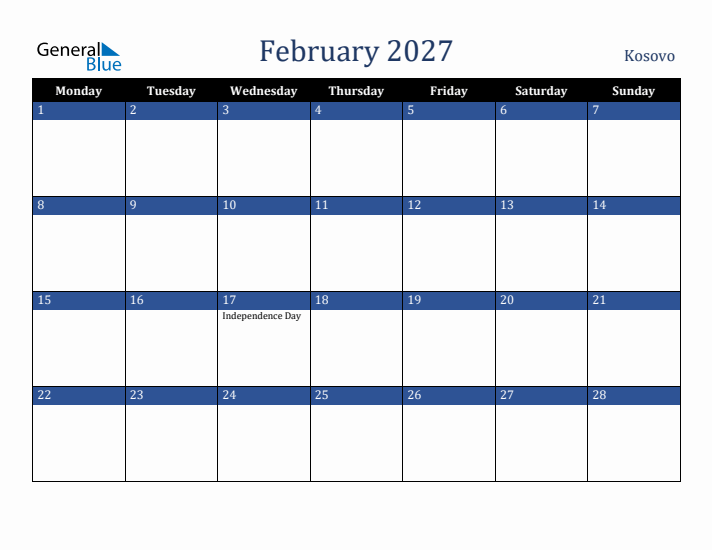 February 2027 Kosovo Calendar (Monday Start)